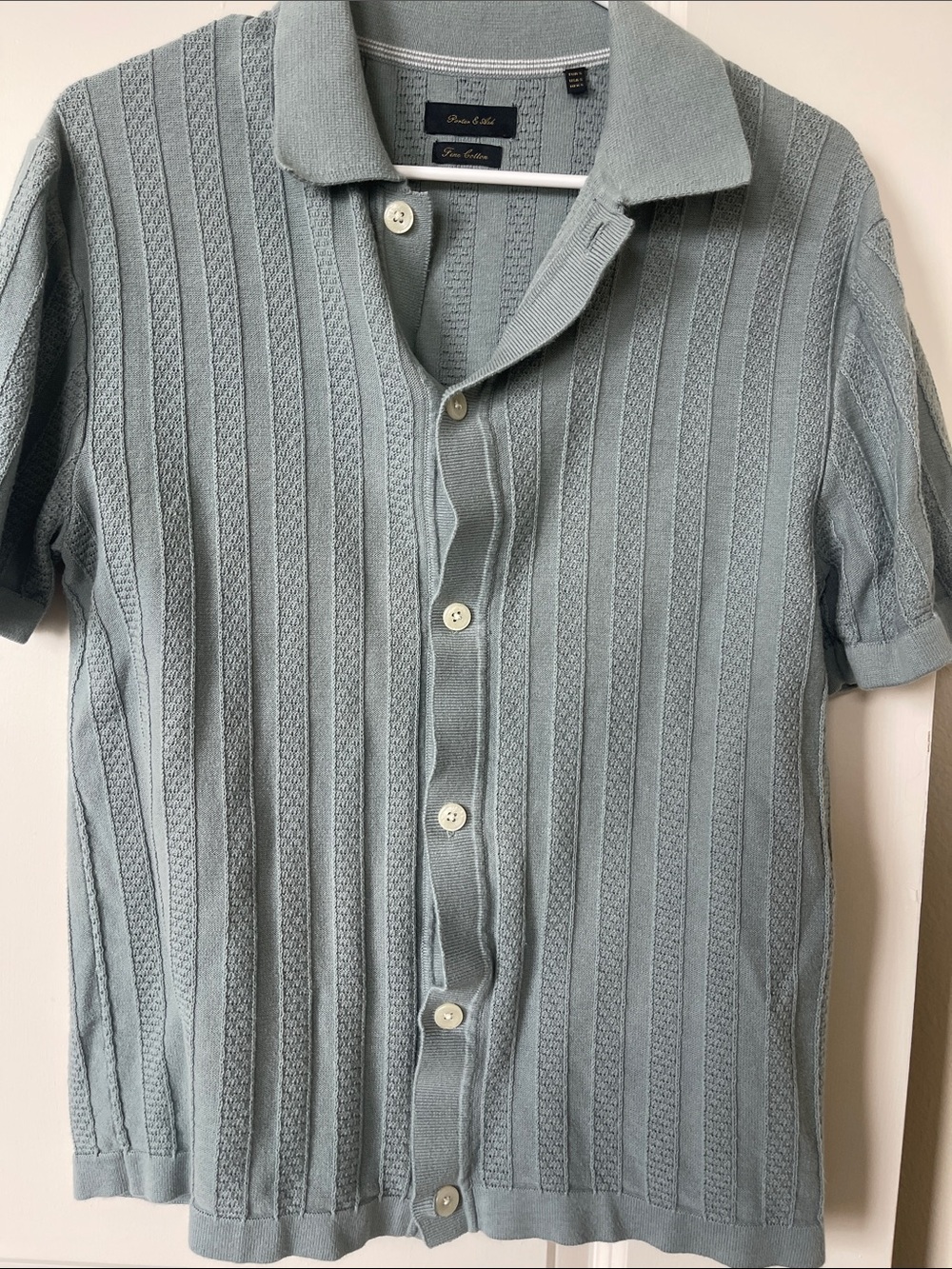 Porter and Ash - Sage Green Short-Sleeve Knit Button-Down Shirt fine cotton
